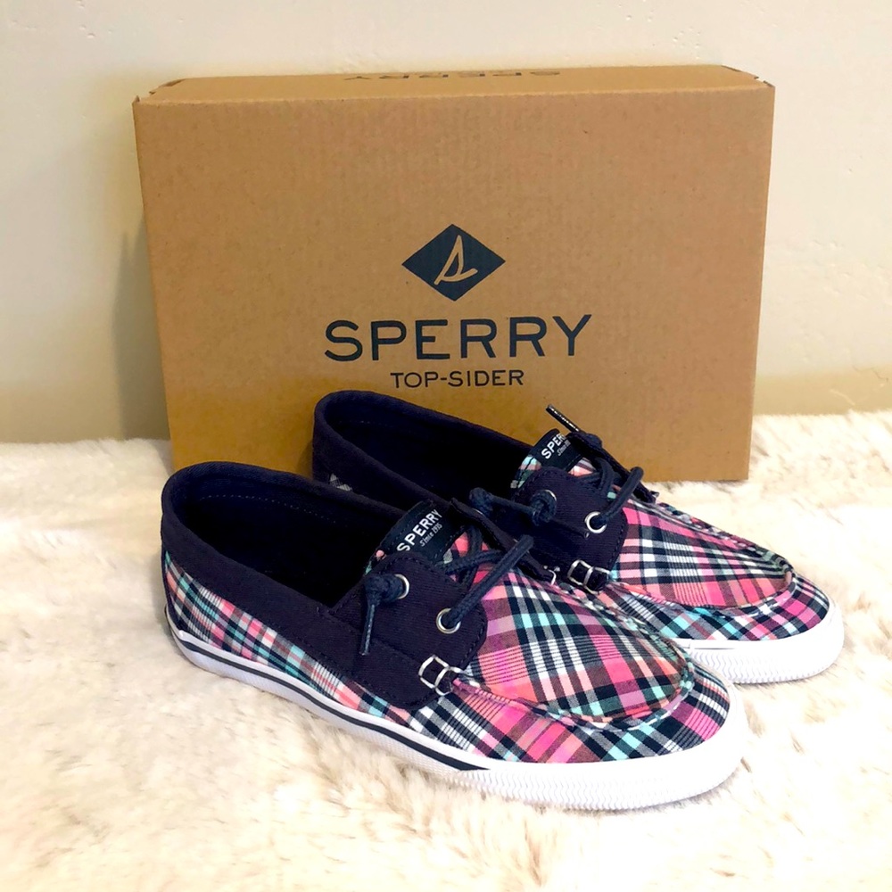 New! Sperry girls pink/navy plaid topsiders size 1